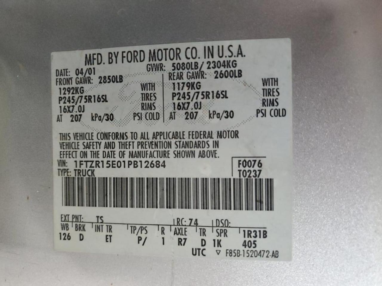 2001 Ford Ranger VIN 1FTZR15E01PB12684 Copart auction photo, front end / side damage thumbnail 15