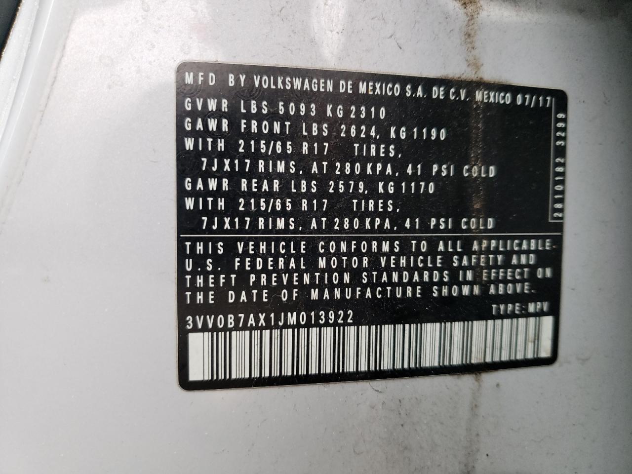 2018 Volkswagen Tiguan VIN 3VV0B7AX1JM013922 Copart auction photo, front end damage thumbnail 14