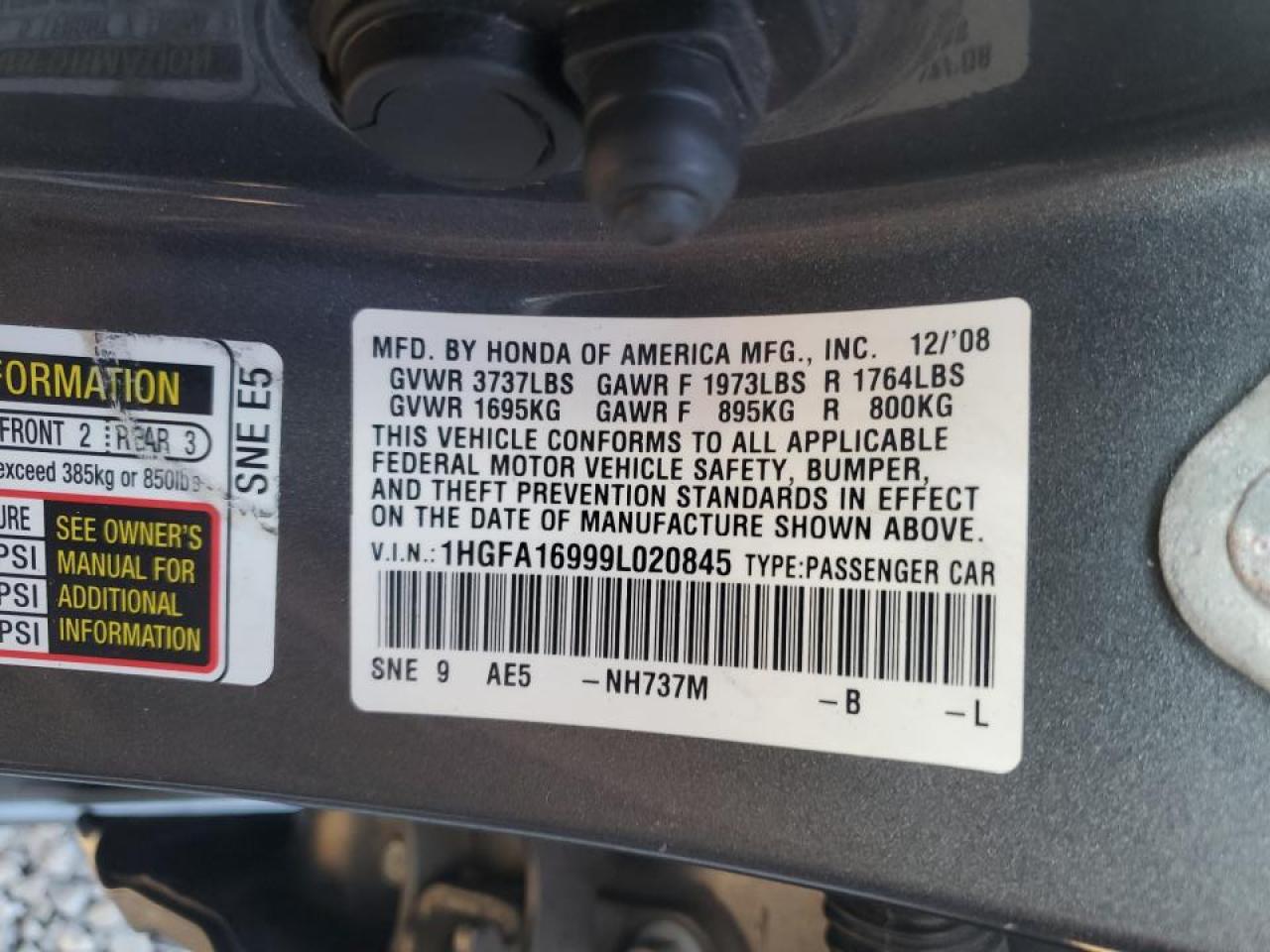 2009 Honda Civic VIN 1HGFA16999L020845 Copart auction photo, front end damage thumbnail 12