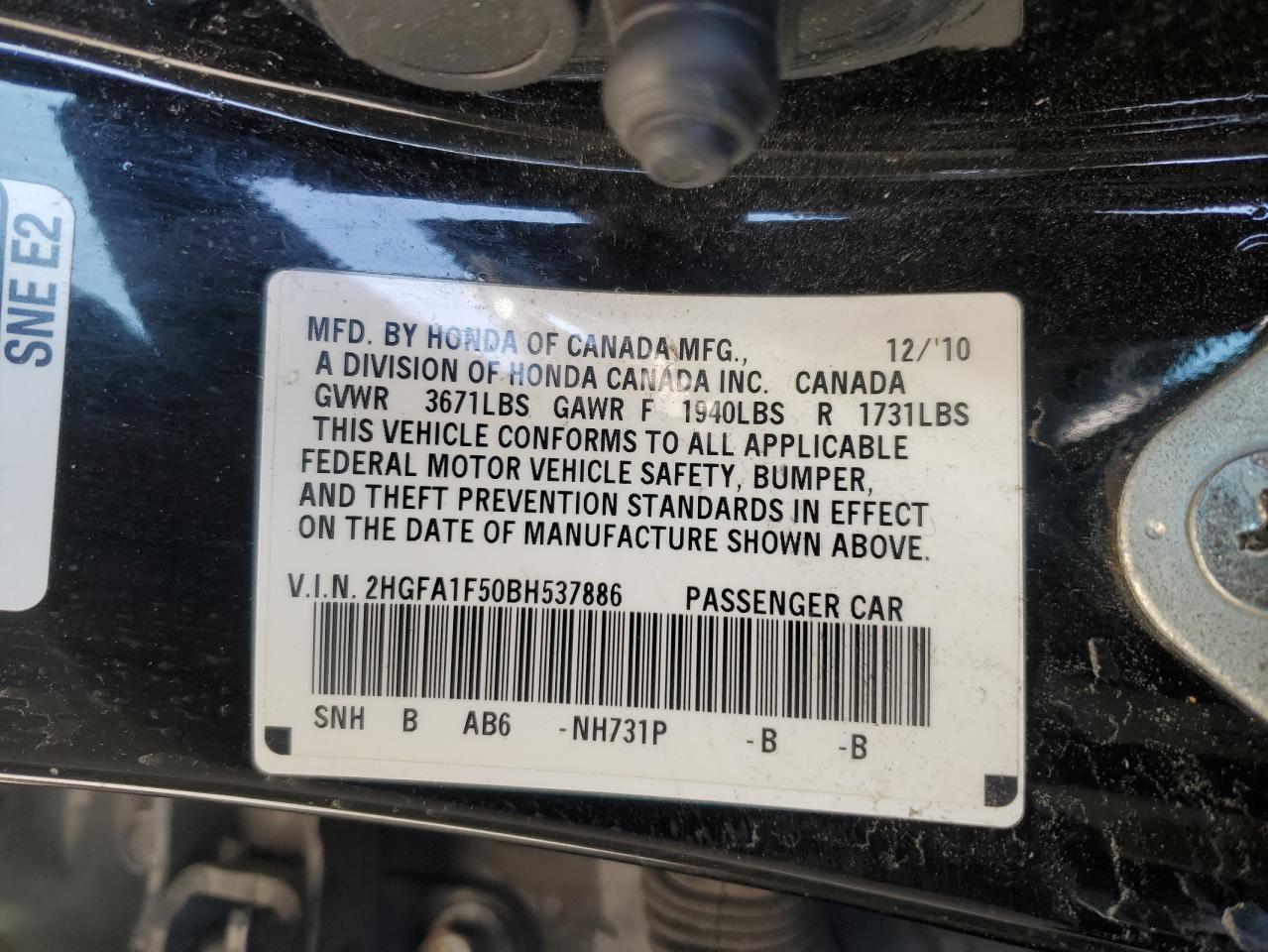2011 Honda Civic VIN 2HGFA1F50BH537886 Copart auction photo, minor dent/scratches damage thumbnail 12