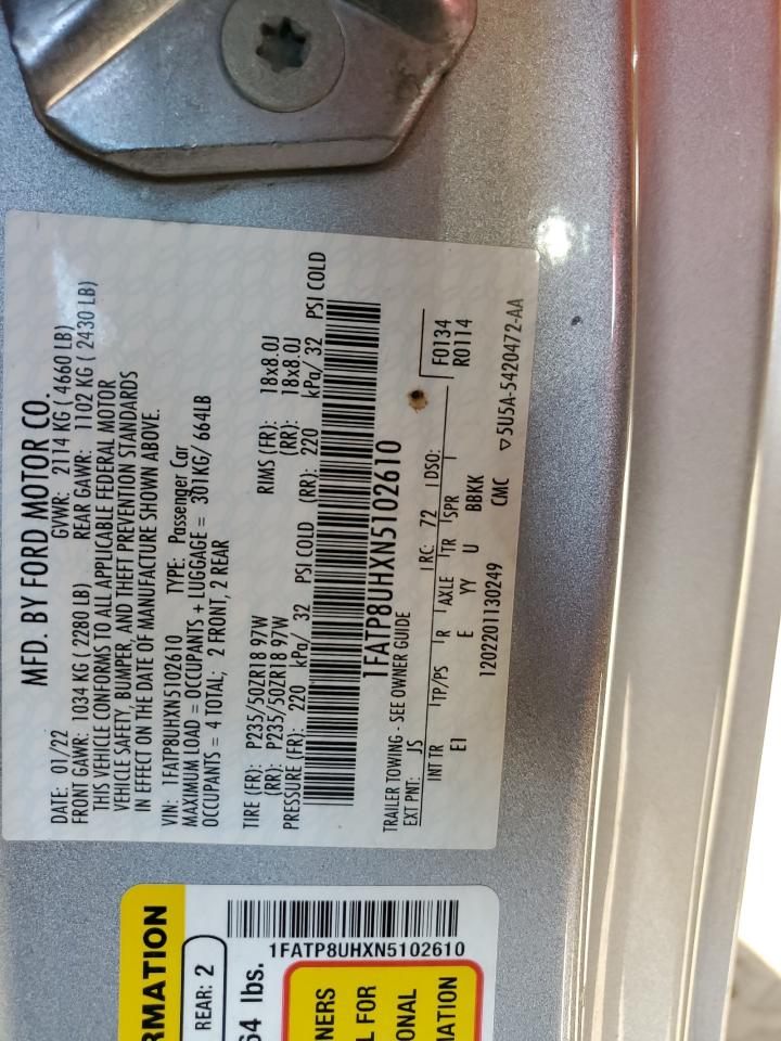 2022 Ford Mustang VIN 1FATP8UHXN5102610 Copart auction photo, rear end / side damage thumbnail 12
