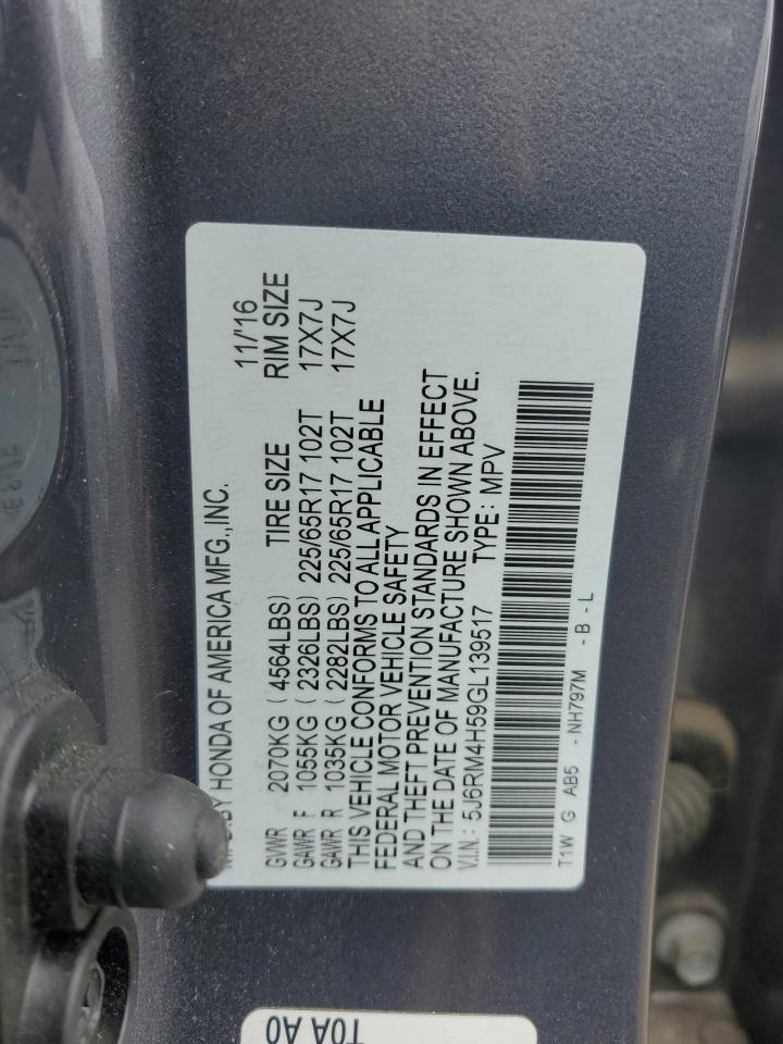 2016 Honda CR-V VIN 5J6RM4H59GL139517 Copart auction photo, front end damage thumbnail 12