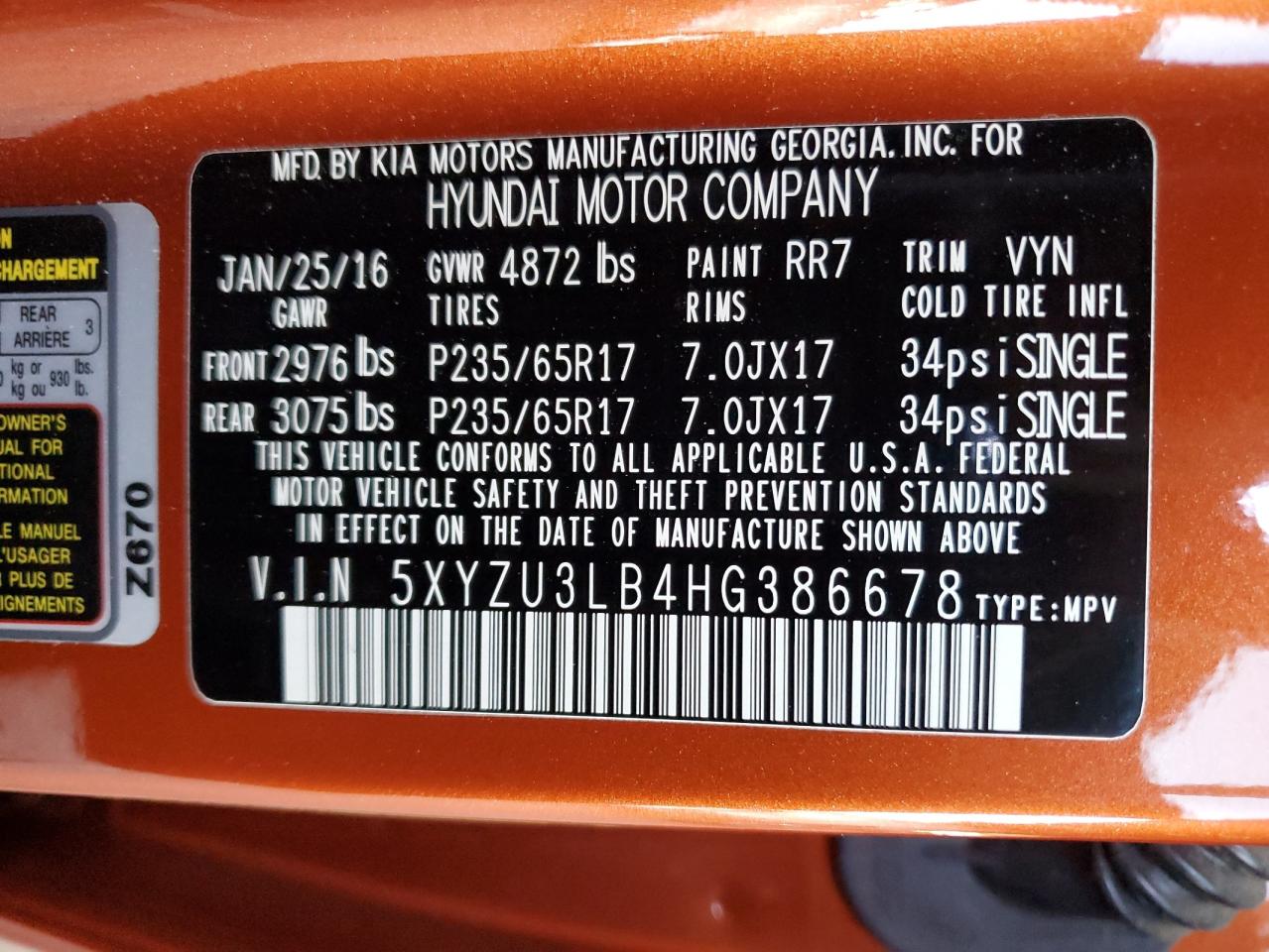 2017 Hyundai Santa Fe VIN 5XYZU3LB4HG386678 Copart auction photo, undercarriage / all over damage thumbnail 13