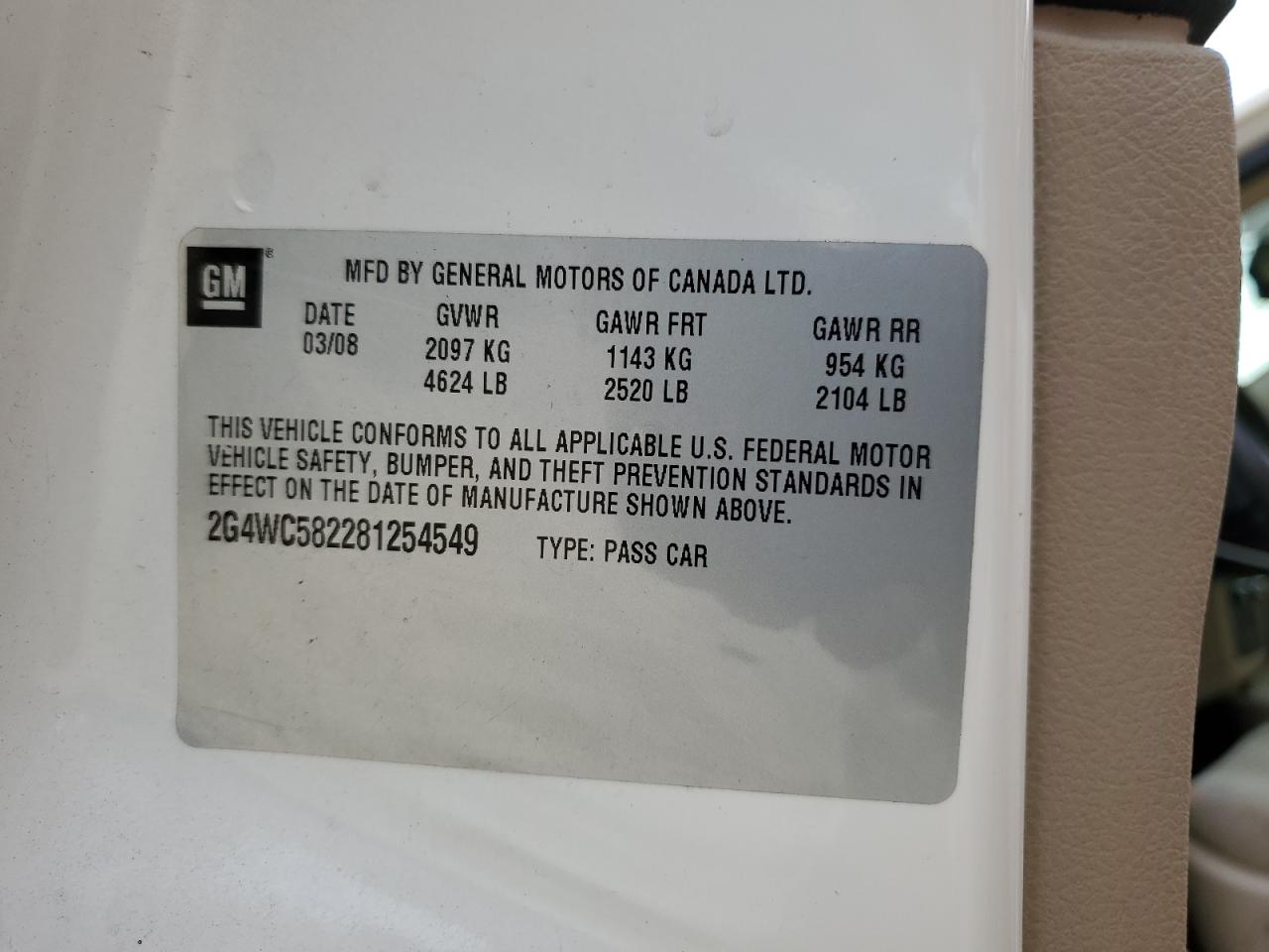 2008 Buick LaCrosse VIN 2G4WC582281254549 Copart auction photo, front end damage thumbnail 12