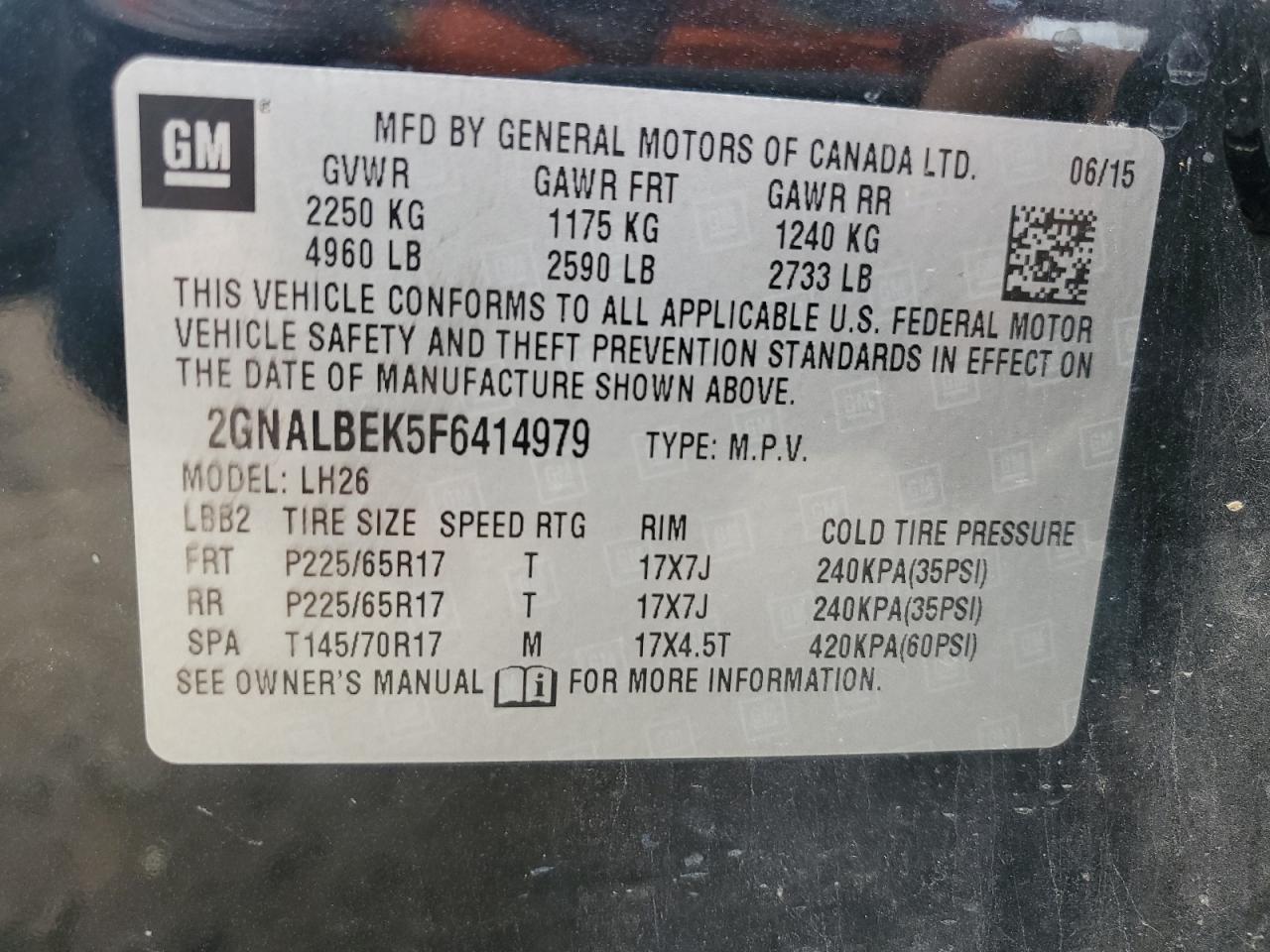2015 Chevrolet Equinox VIN 2GNALBEK5F6414979 Copart auction photo, front end / minor dent/scratches damage thumbnail 13