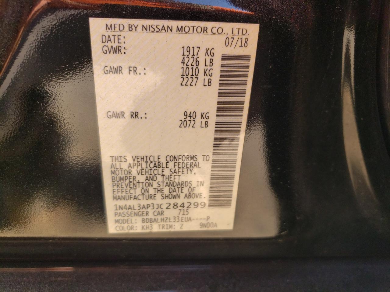 2018 Nissan Altima VIN 1N4AL3AP3JC284299 Copart auction photo, rear end / front end damage thumbnail 12