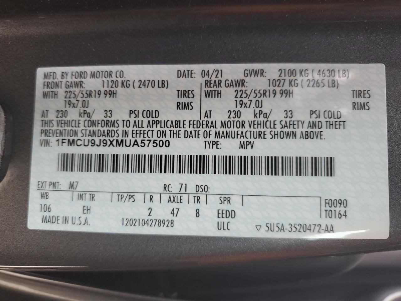 2021 Ford Escape VIN 1FMCU9J9XMUA57500 Copart auction photo, front end damage thumbnail 15