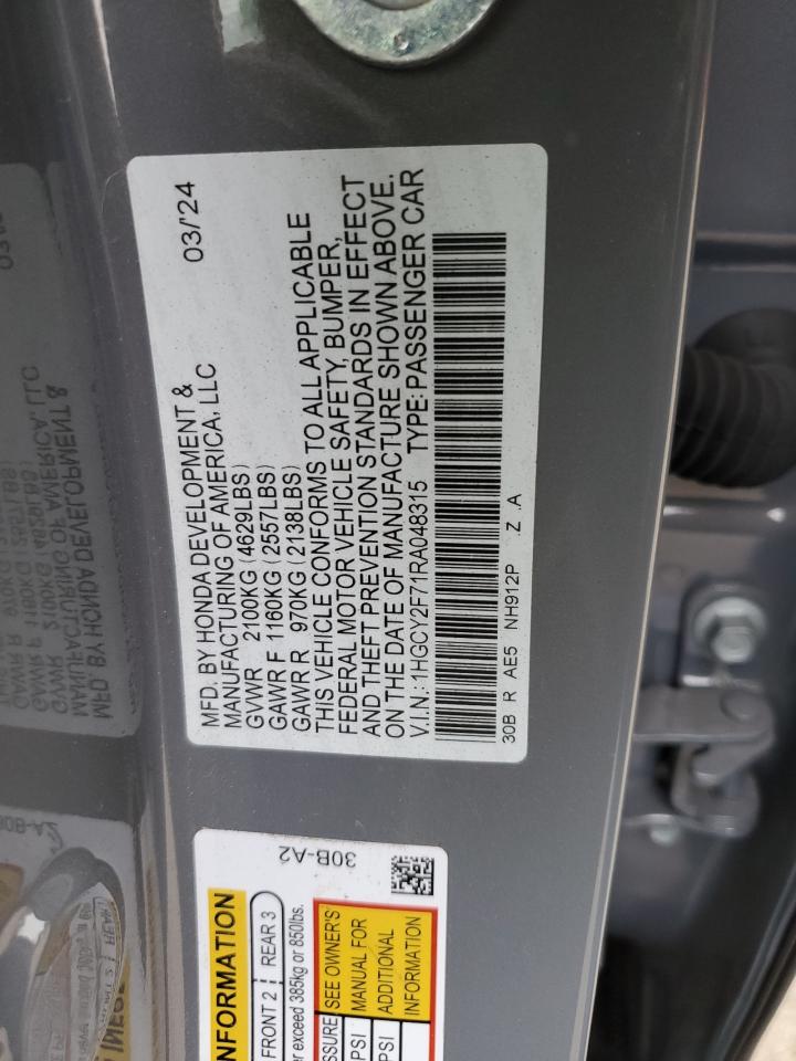 2024 Honda Accord VIN 1HGCY2F71RA048315 Copart auction photo, front end damage thumbnail 12