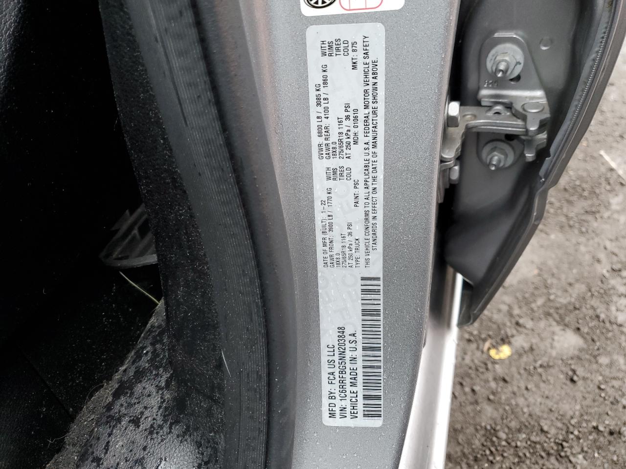 2022 RAM 1500 VIN 1C6RRFBG5NN203848 Copart auction photo, all over damage thumbnail 12