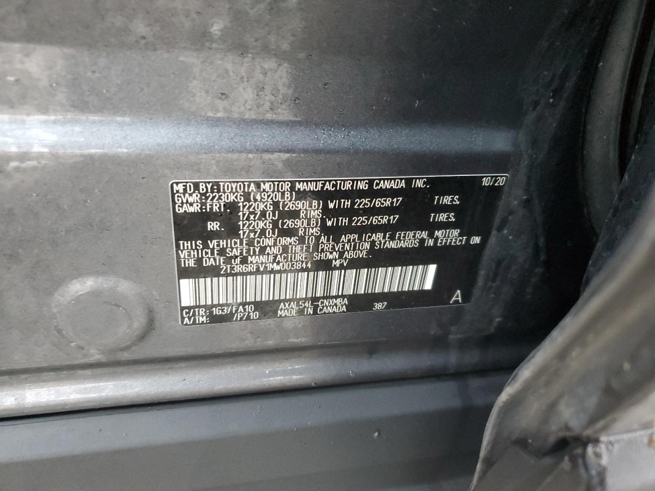 2021 Toyota RAV 4 VIN 2T3R6RFV1MW003844 Copart auction photo, rear end damage thumbnail 16