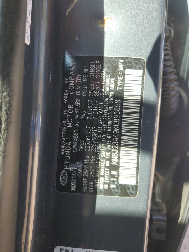 2019 Hyundai Tucson VIN KM8J23A49KU893858 Copart auction photo, front end / side damage thumbnail 14