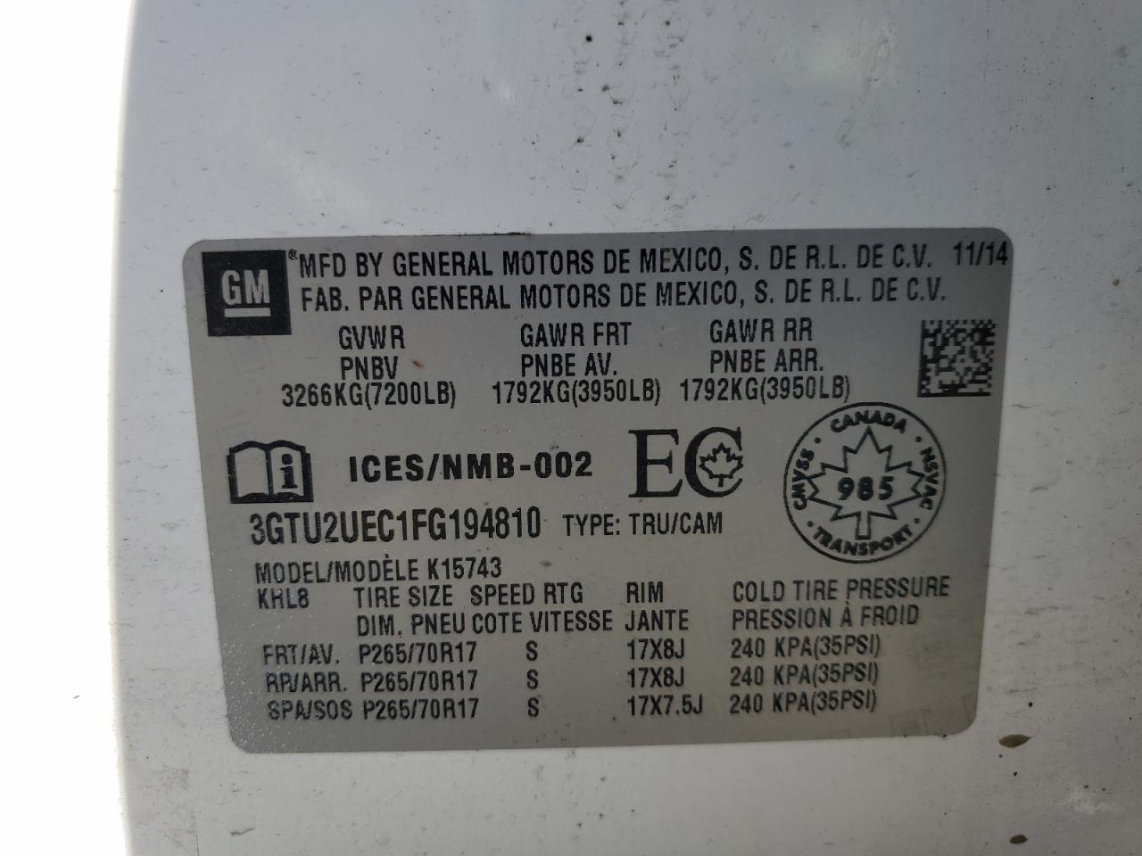 2015 GMC Sierra VIN 3GTU2UEC1FG194810 Copart auction photo, burn / front end damage thumbnail 14