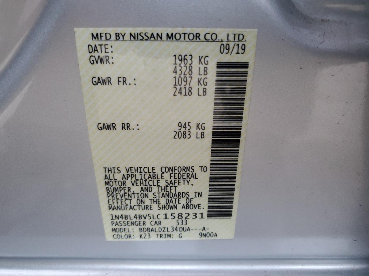 2020 Nissan Altima VIN 1N4BL4BV5LC158231 Copart auction photo, front end damage thumbnail 12