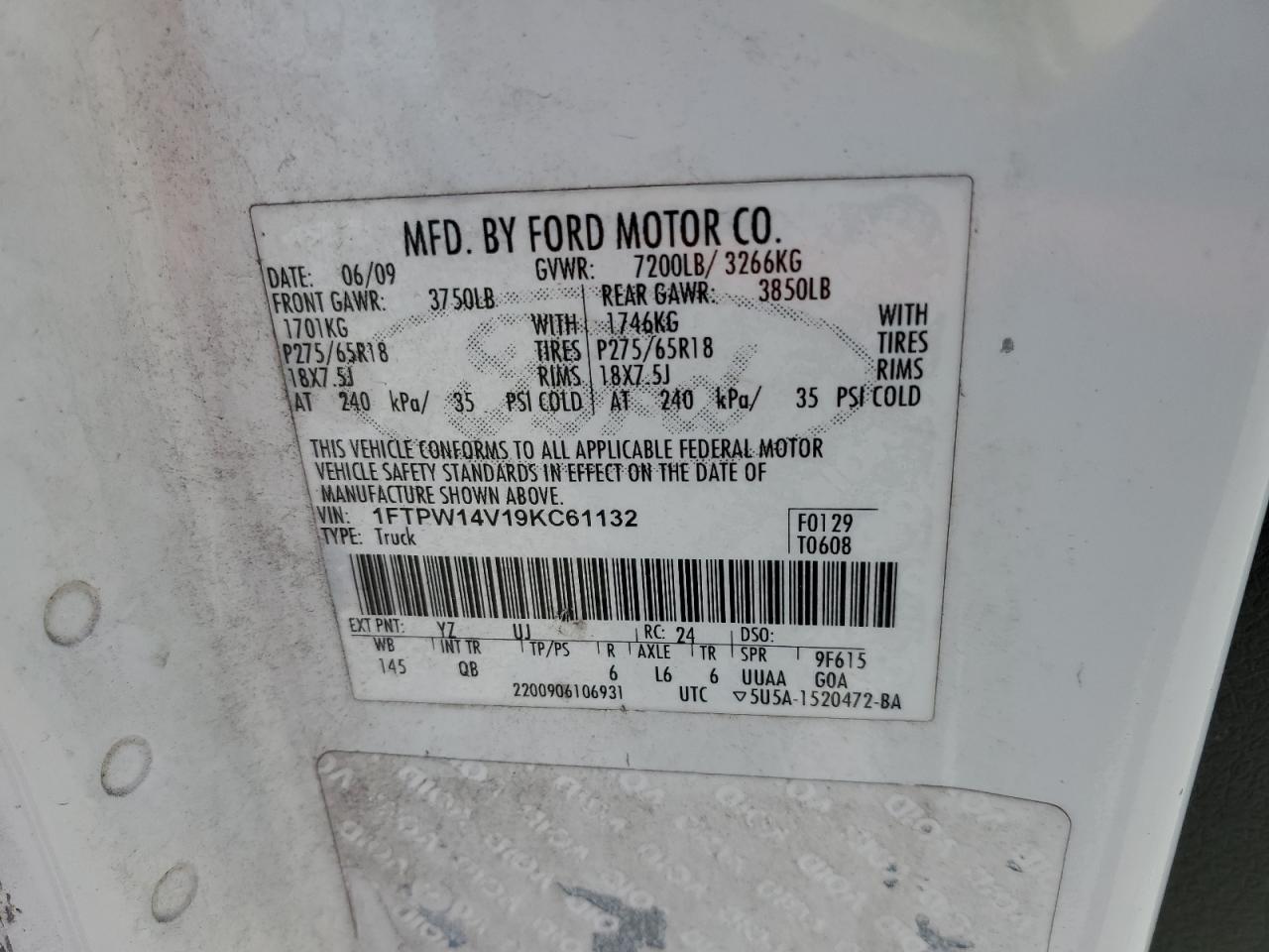 2009 Ford F-150 VIN 1FTPW14V19KC61132 Copart auction photo, side damage thumbnail 12