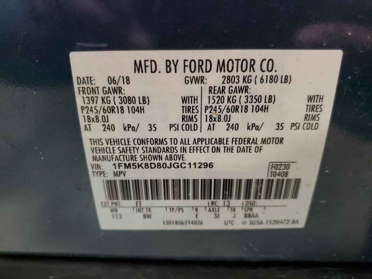 2018 Ford Explorer VIN 1FM5K8D80JGC11296 Copart auction photo, front end / side damage thumbnail 13