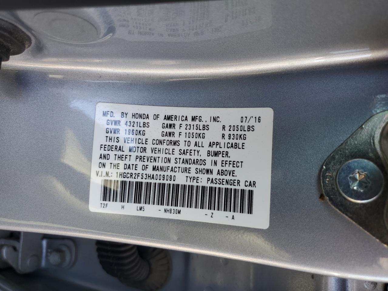 2017 Honda Accord VIN 1HGCR2F53HA009090 Copart auction photo, front end damage thumbnail 12