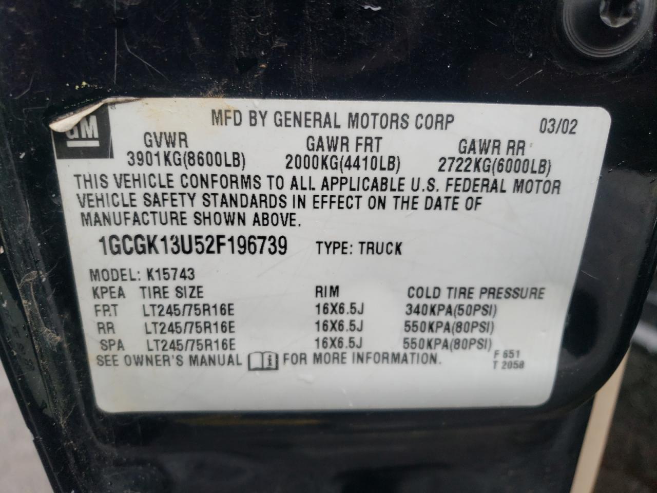 2002 Chevrolet Silverado VIN 1GCGK13U52F196739 Copart auction photo, side damage thumbnail 12