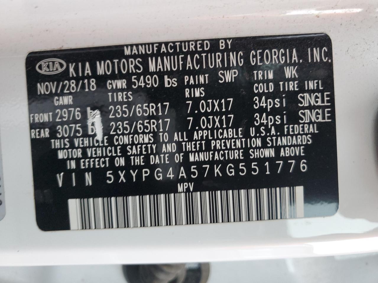 2019 KIA Sorento VIN 5XYPG4A57KG551776 Copart auction photo, all over / undercarriage damage thumbnail 12