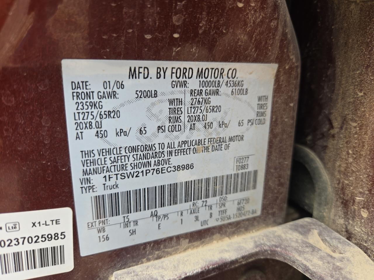 2006 Ford F250 VIN 1FTSW21P76EC38986 Copart auction photo, mechanical / hail damage thumbnail 10