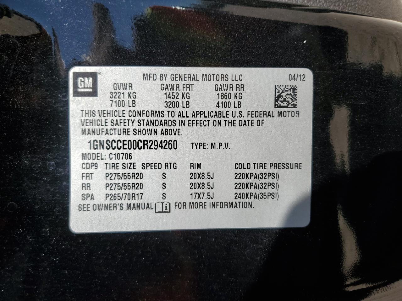 2012 Chevrolet Tahoe VIN 1GNSCCE00CR294260 Copart auction photo, front end / side damage thumbnail 13