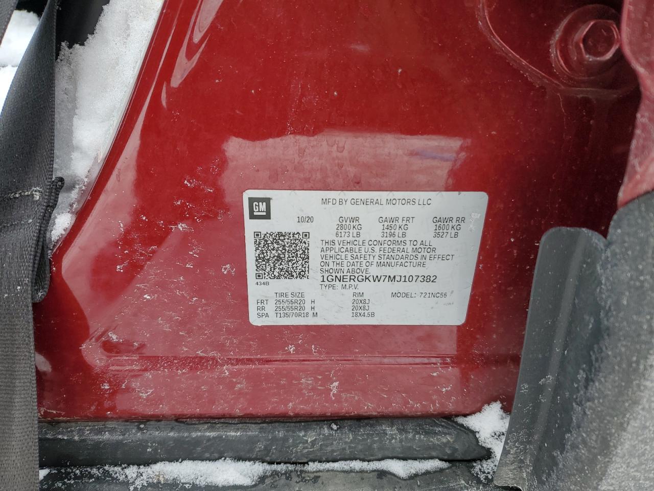 2021 Chevrolet Traverse VIN 1GNERGKW7MJ107382 Copart auction photo, front end / all over damage thumbnail 13