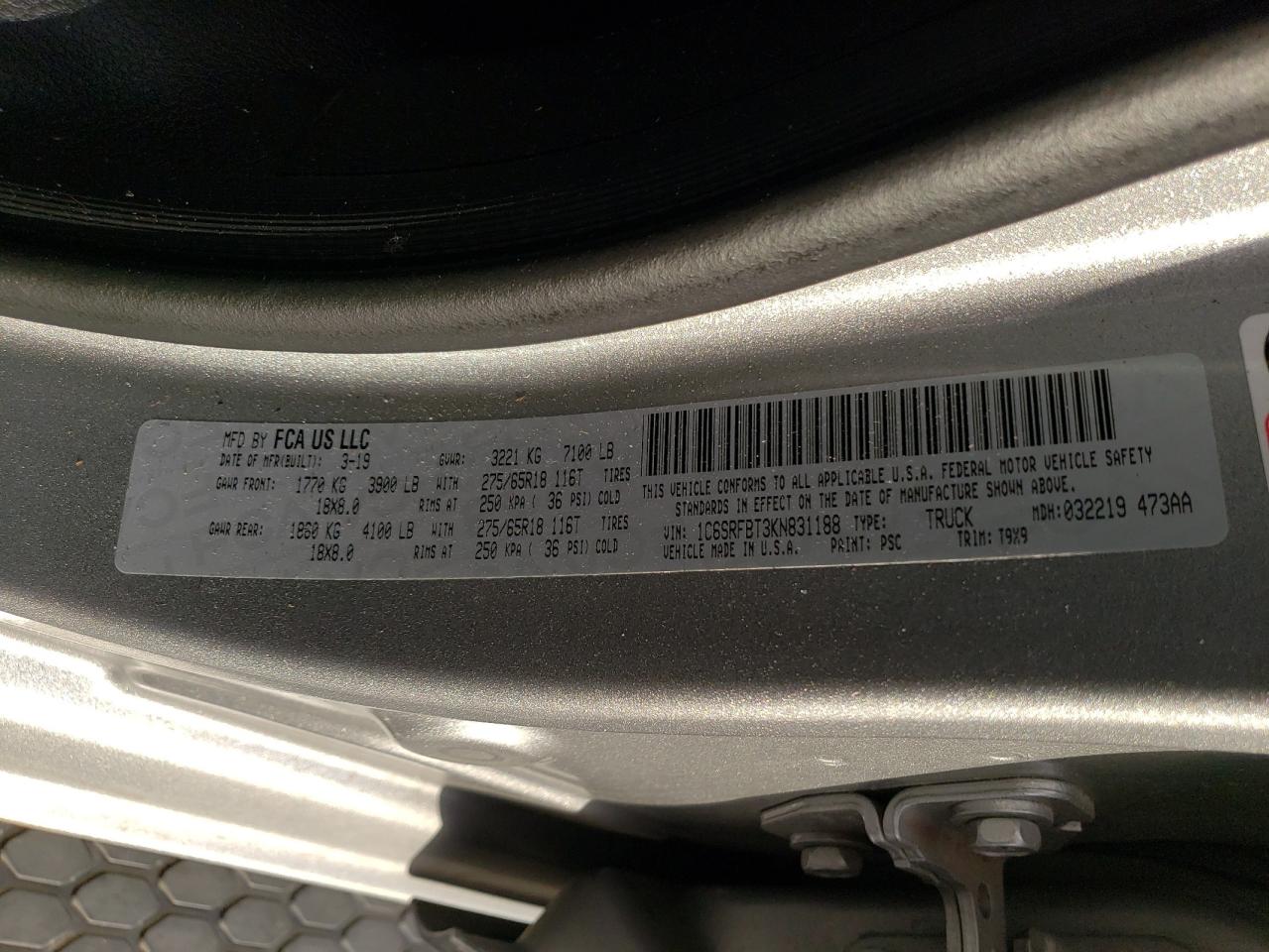 2019 RAM 1500 VIN 1C6SRFBT3KN831188 Copart auction photo, front end / side damage thumbnail 14