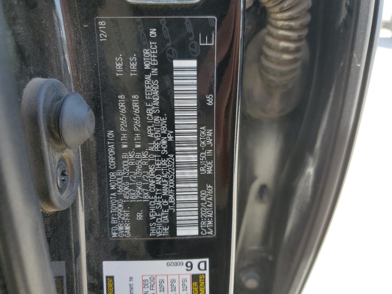 2019 Lexus GX VIN JTJBM7FXXK5223224 Copart auction photo, front end damage thumbnail 13