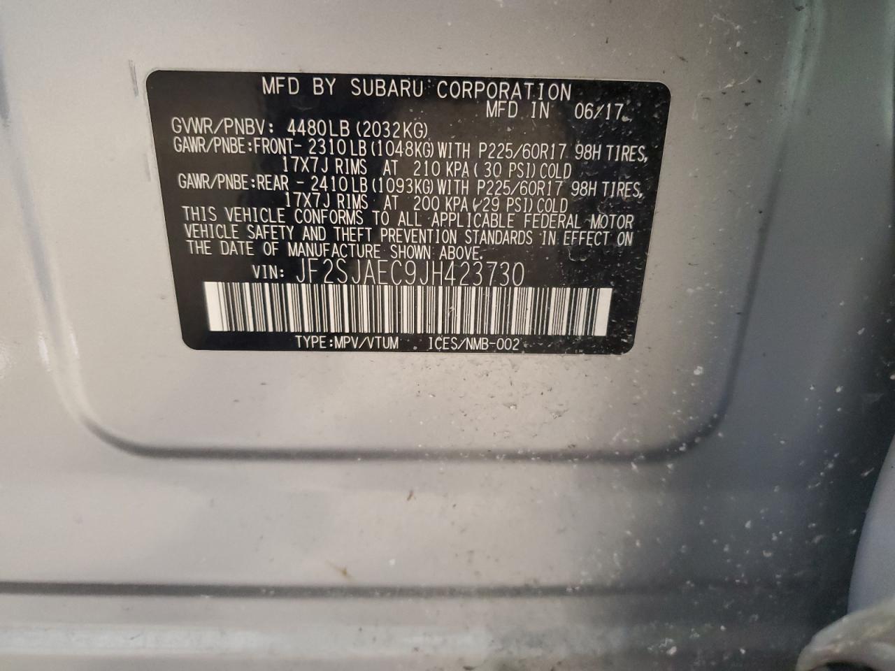 2018 Subaru Forester VIN JF2SJAEC9JH423730 Copart auction photo, front end damage thumbnail 14