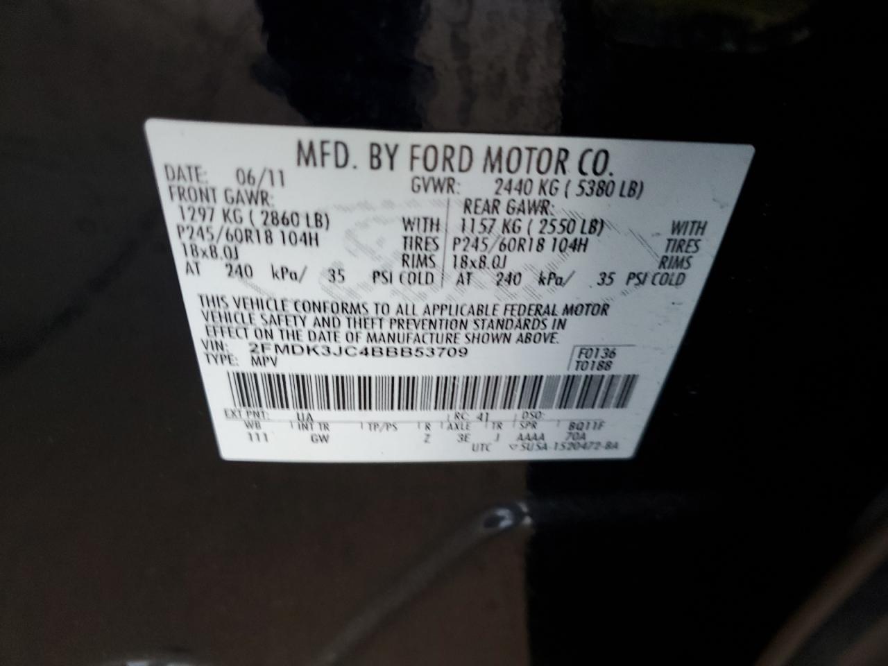 2011 Ford Edge VIN 2FMDK3JC4BBB53709 Copart auction photo, front end / undercarriage damage thumbnail 13