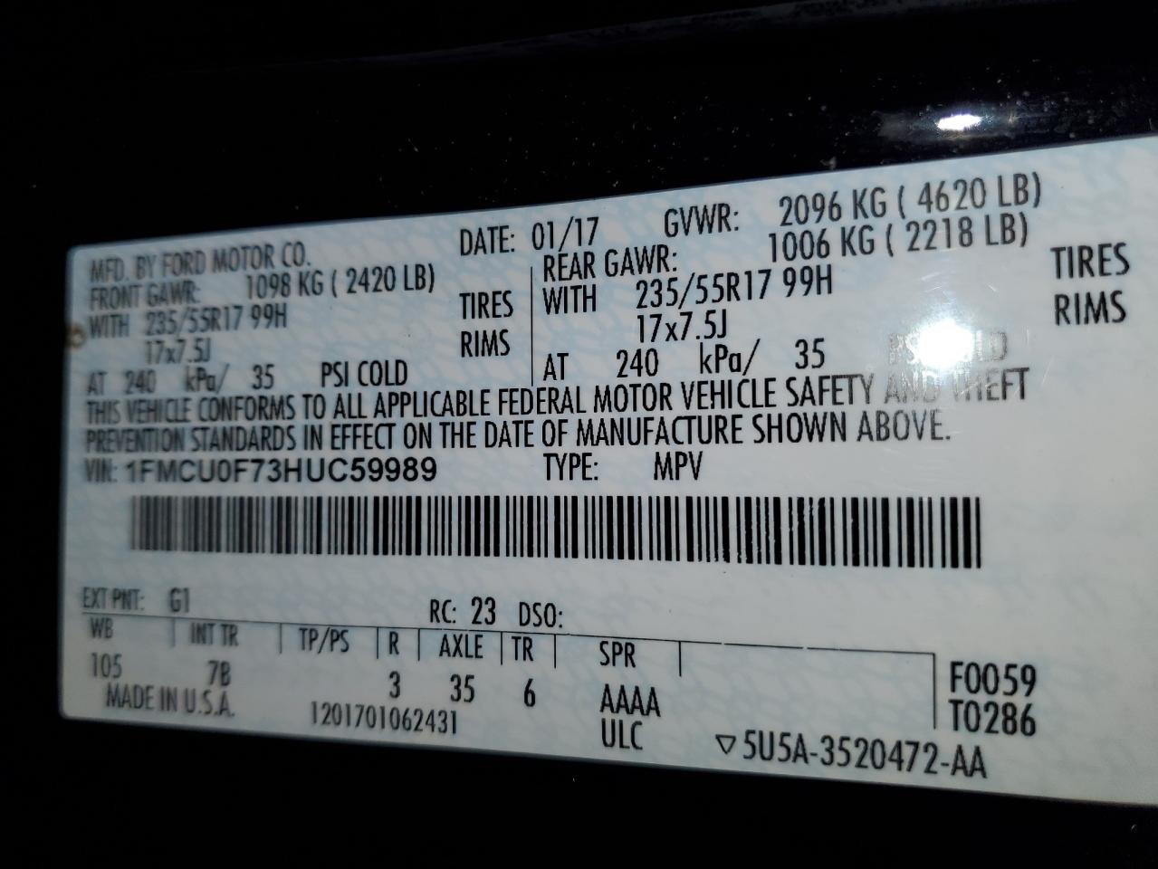 2017 Ford Escape VIN 1FMCU0F73HUC59989 Copart auction photo, front end damage thumbnail 14