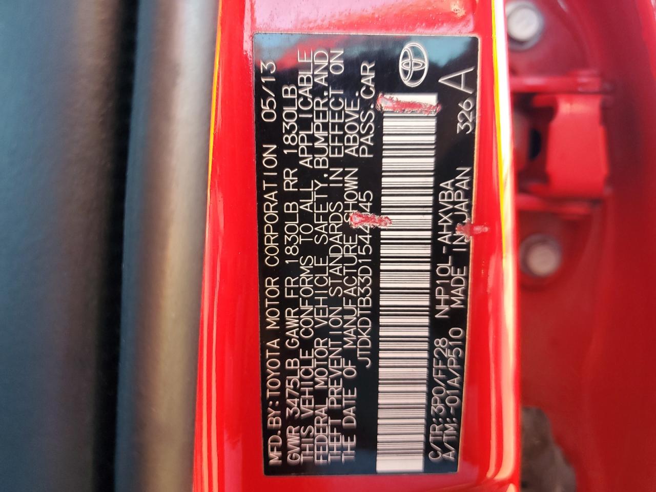 2013 Toyota Prius VIN JTDKDTB33D1544045 Copart auction photo, rear end / side damage thumbnail 12