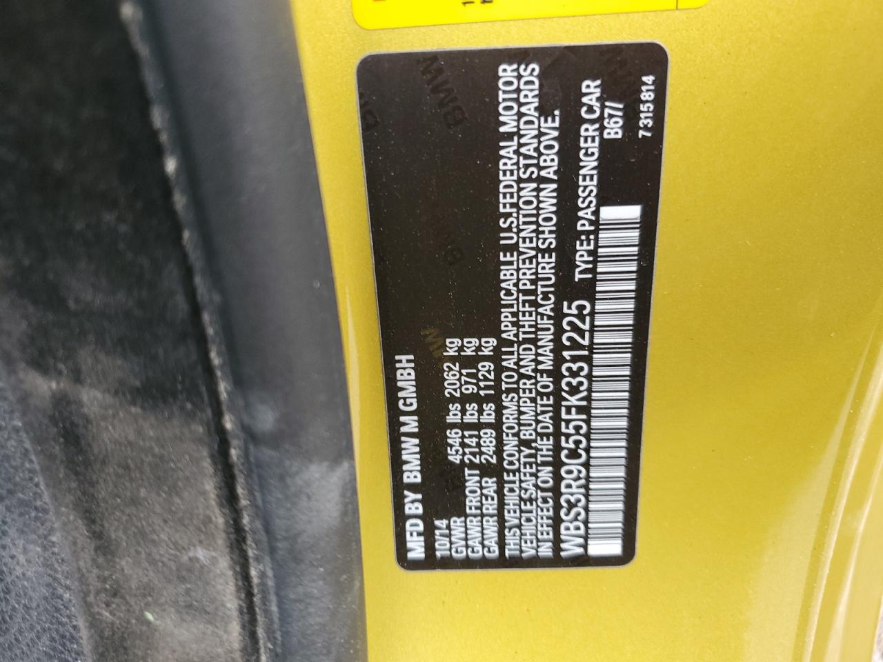 2015 BMW M4 VIN WBS3R9C55FK331225 Copart auction photo, front end damage thumbnail 13