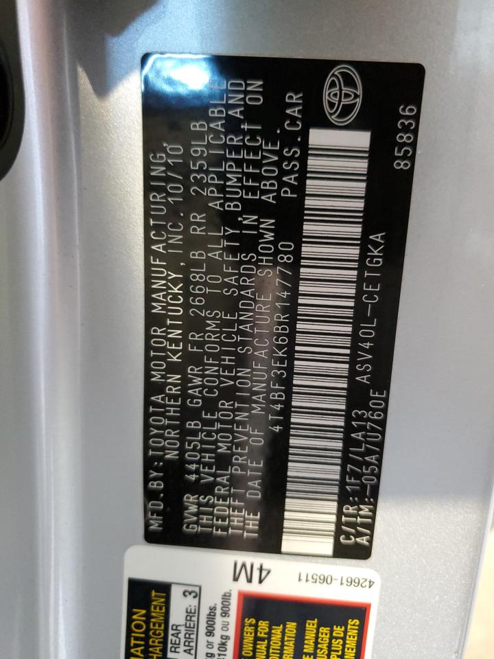 2011 Toyota Camry VIN 4T4BF3EK6BR147780 Copart auction photo, front end / minor dent/scratches damage thumbnail 14