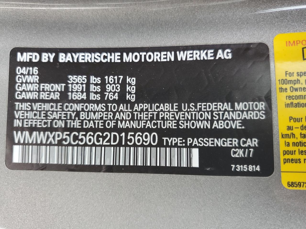 2016 MINI Cooper VIN WMWXP5C56G2D15690 Copart auction photo, water/flood damage thumbnail 13
