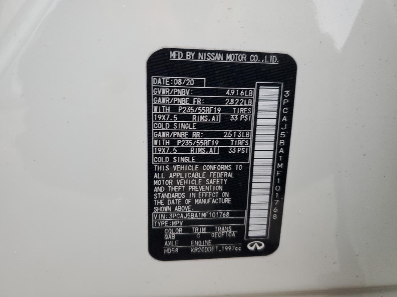 2021 Infiniti QX50 VIN 3PCAJ5BA1MF101768 Copart auction photo, front end / side damage thumbnail 13