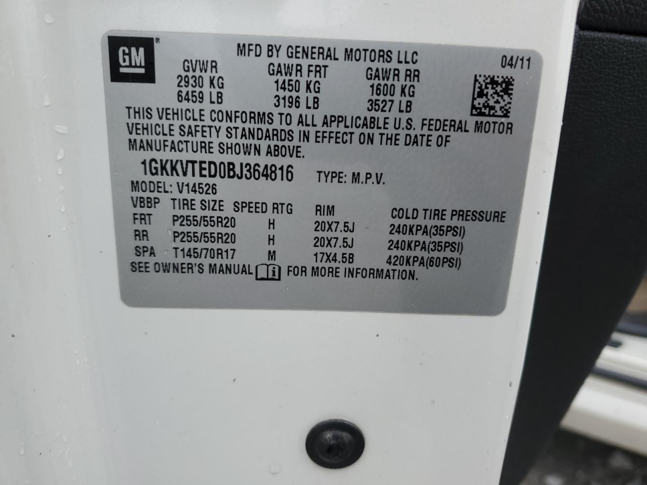 2011 GMC Acadia VIN 1GKKVTED0BJ364816 Copart auction photo, hail / front end damage thumbnail 15