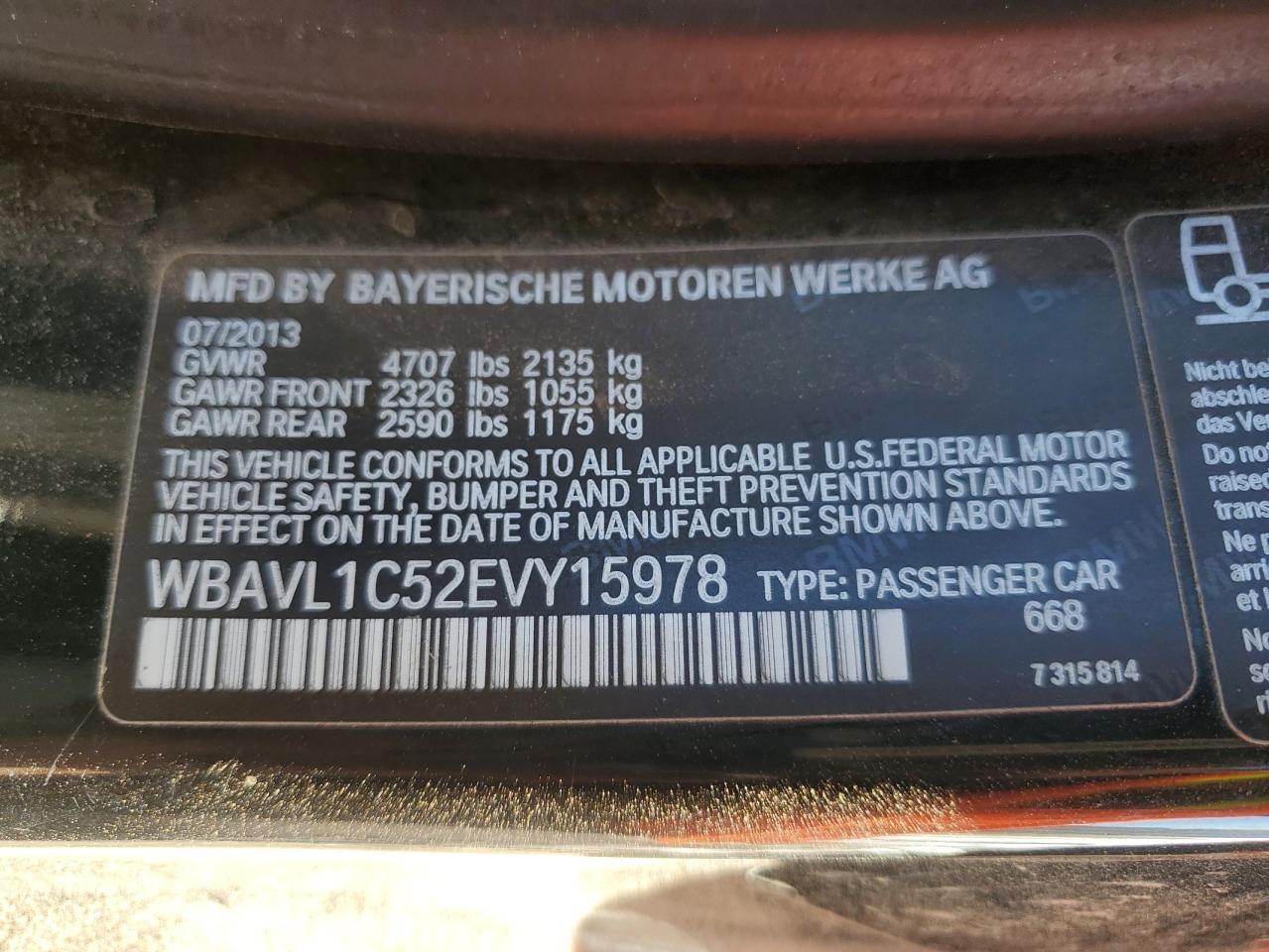 2014 BMW X1 VIN WBAVL1C52EVY15978 Copart auction photo, front end damage thumbnail 12