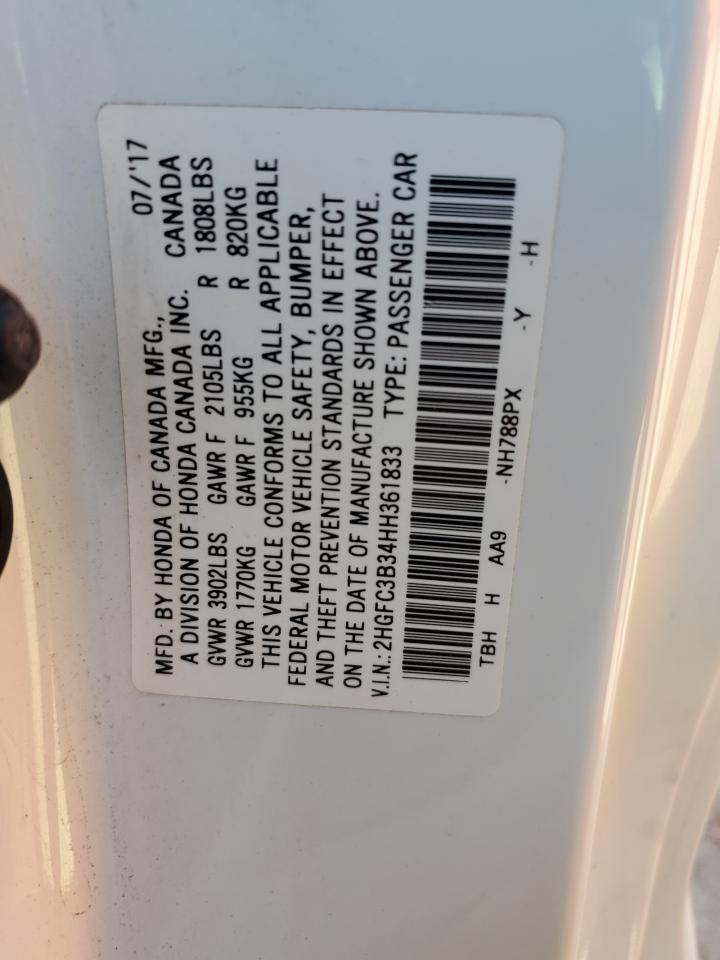 2017 Honda Civic VIN 2HGFC3B34HH361833 Copart auction photo, front end / minor dent/scratches damage thumbnail 13