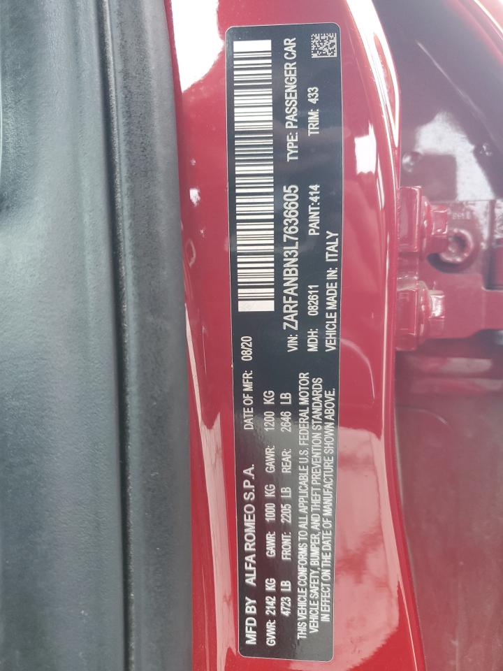 2020 Alfa Romeo Giulia VIN ZARFANBN3L7636605 Copart auction photo, rear end / undercarriage damage thumbnail 13