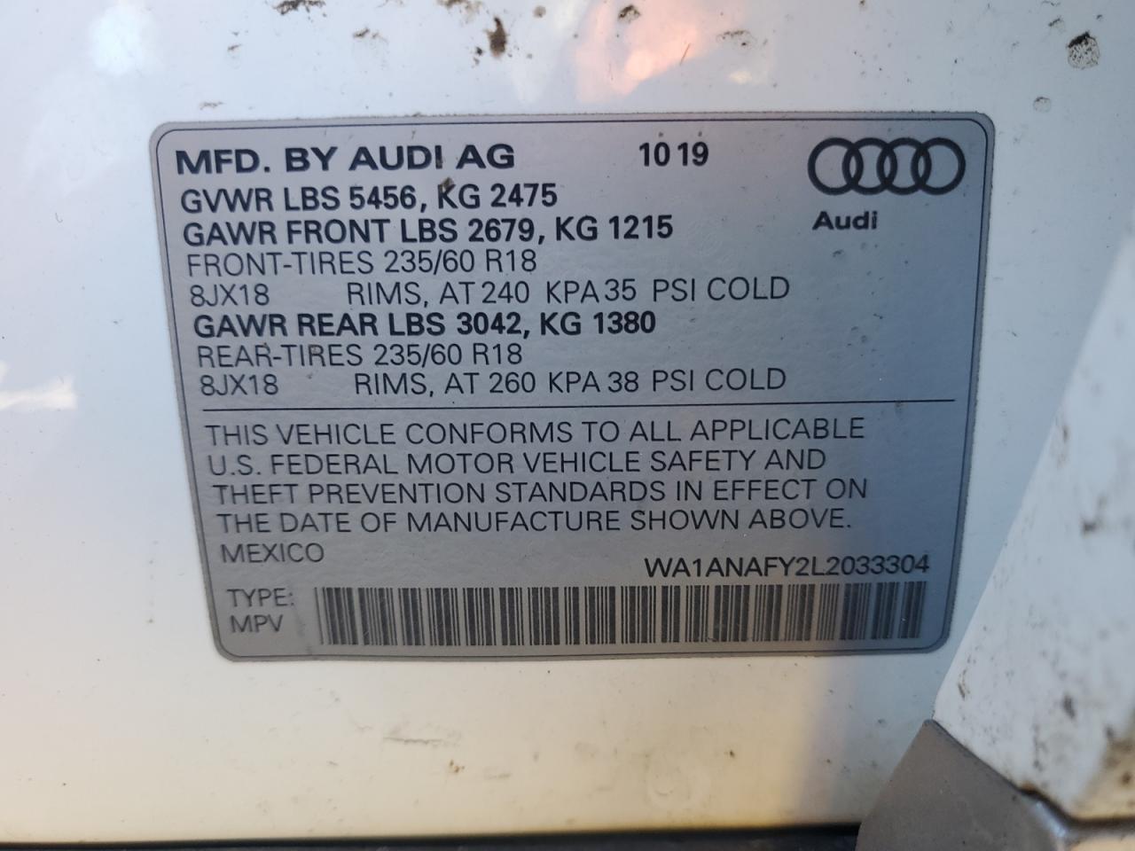2020 Audi Q5 VIN WA1ANAFY2L2033304 Copart auction photo, all over damage thumbnail 14