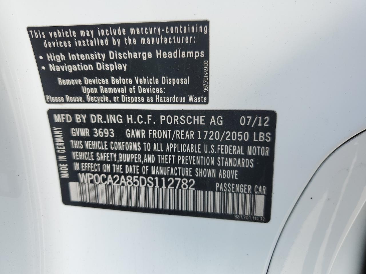 2013 Porsche Boxster VIN WP0CA2A85DS112782 Copart auction photo, front end damage thumbnail 13