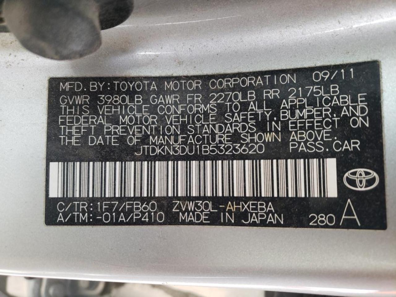2011 Toyota Prius VIN JTDKN3DU1B5323620 Copart auction photo, front end / side damage thumbnail 10