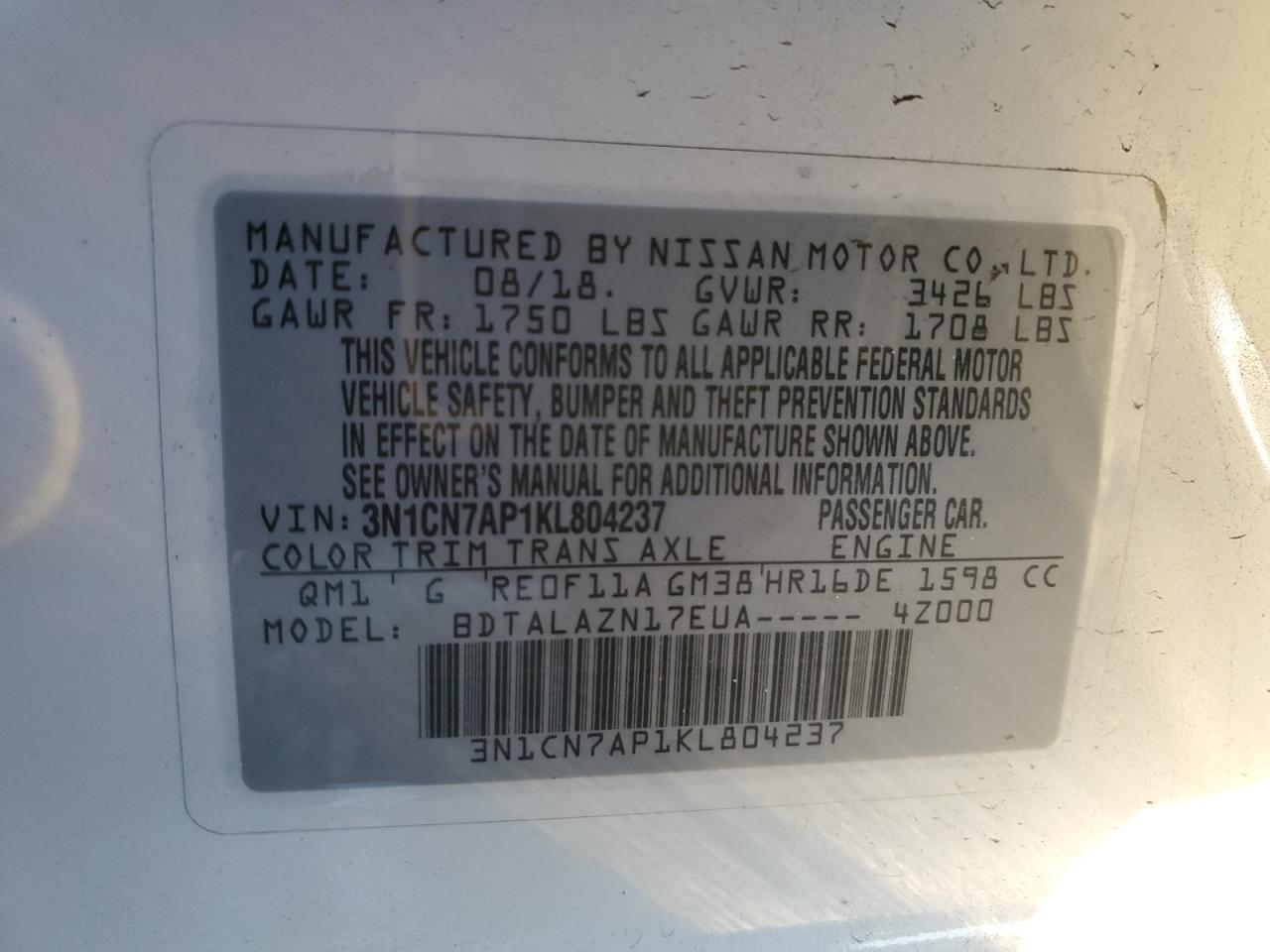 2019 Nissan Versa VIN 3N1CN7AP1KL804237 Copart auction photo, all over damage thumbnail 12
