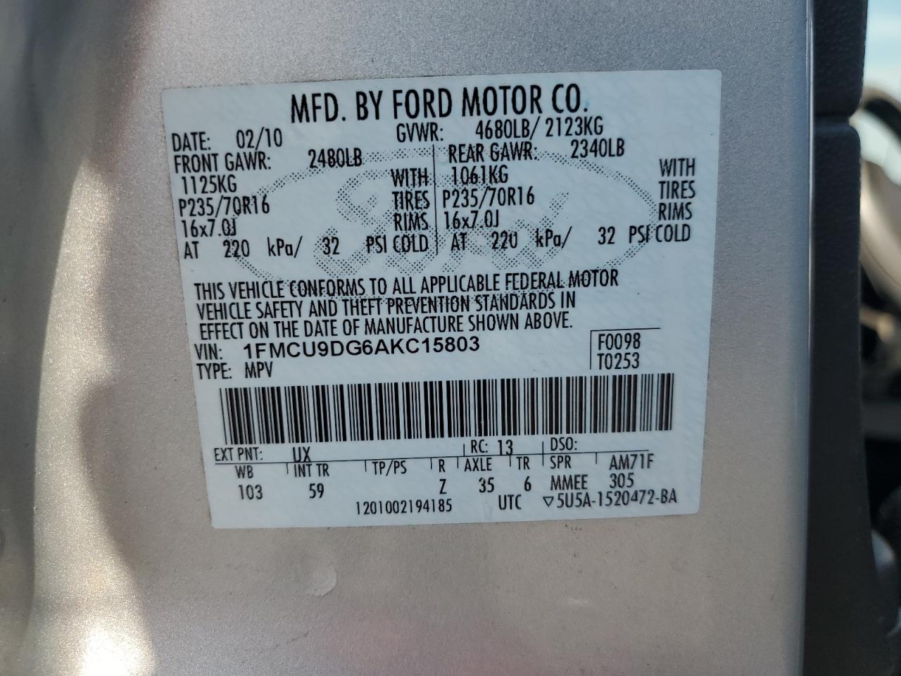 2010 Ford Escape VIN 1FMCU9DG6AKC15803 Copart auction photo, front end damage thumbnail 16