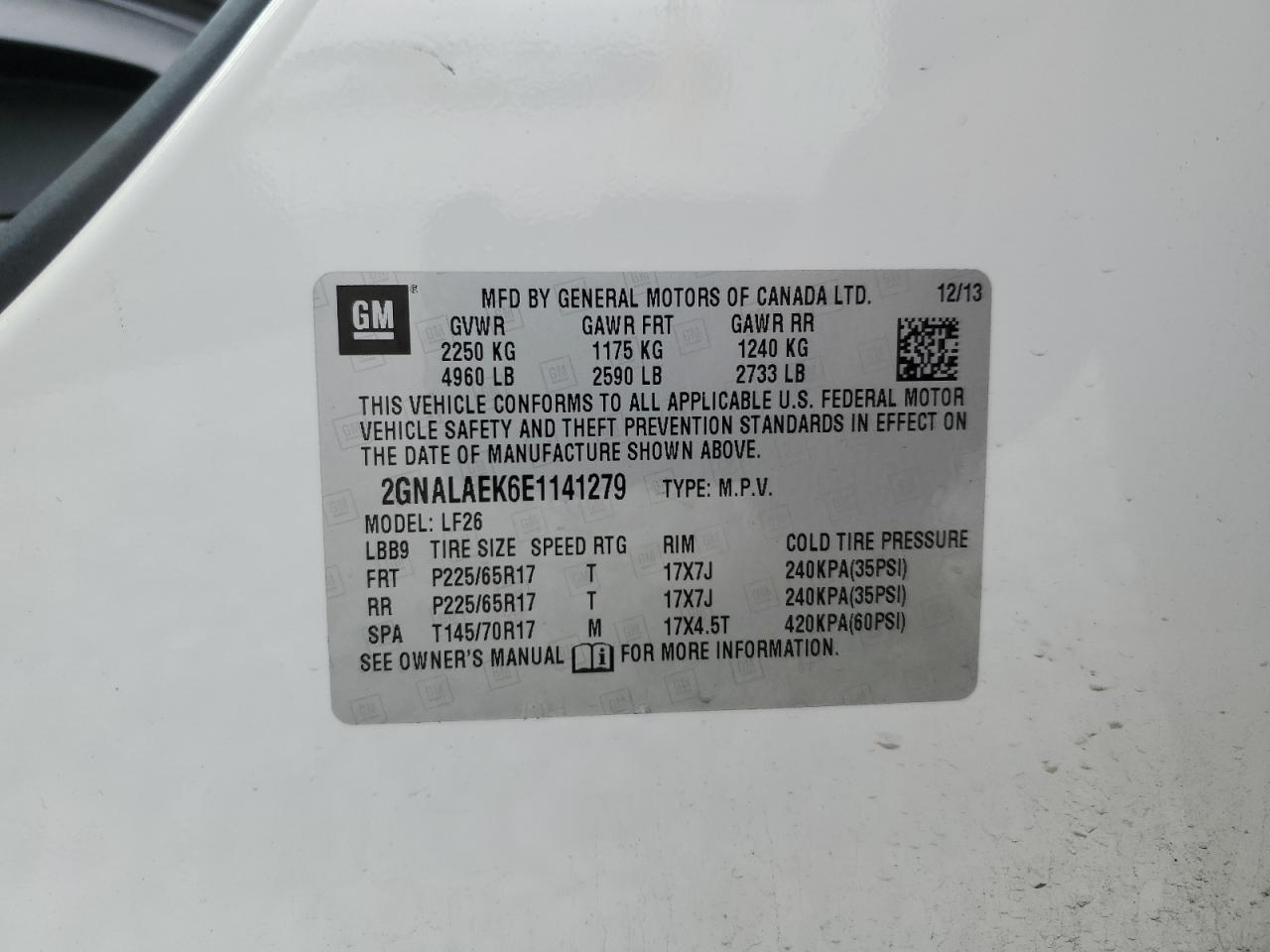 2014 Chevrolet Equinox VIN 2GNALAEK6E1141279 Copart auction photo, minor dent/scratches damage thumbnail 13