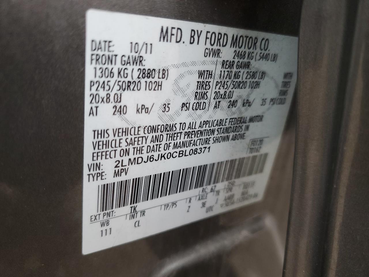 2012 Lincoln MKX VIN 2LMDJ6JK0CBL08371 Copart auction photo, front end damage thumbnail 15