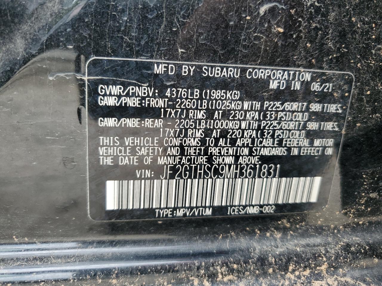 2021 Subaru XV VIN JF2GTHSC9MH361831 Copart auction photo, front end damage thumbnail 14