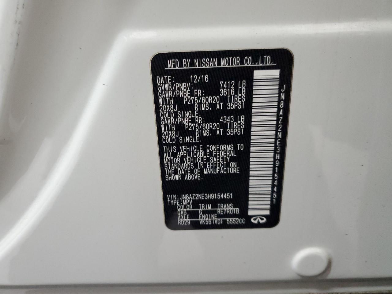 2017 Infiniti QX80 VIN JN8AZ2NE3H9154451 Copart auction photo, front end damage thumbnail 15