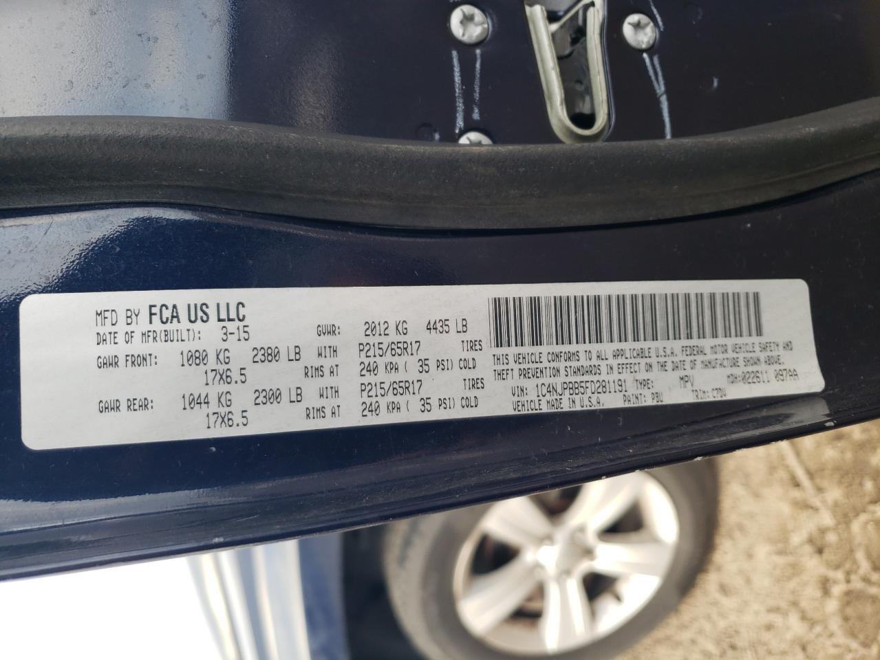 2015 Jeep Liberty (Patriot) VIN 1C4NJPBB5FD281191 Copart auction photo, front end / side damage thumbnail 15