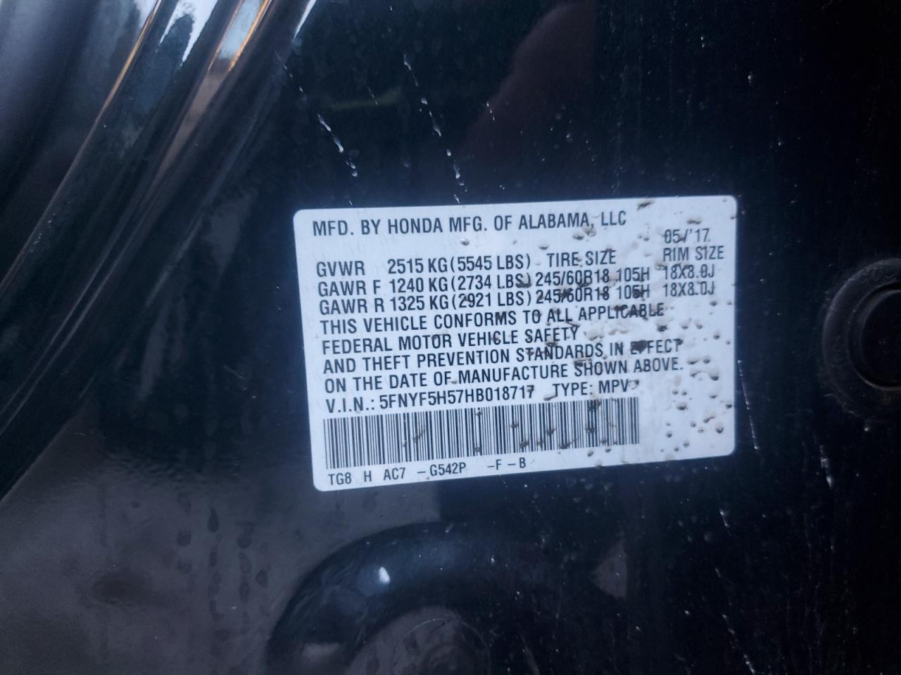 2017 Honda Pilot VIN 5FNYF5H57HB018717 Copart auction photo, front end / side damage thumbnail 14